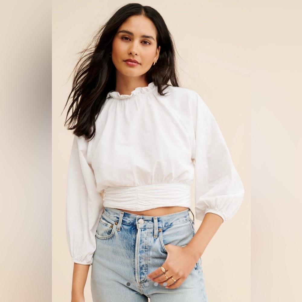 Anthropologie. Maeve Polka Dot Puff Sleeve Blouse. White. Size 2.